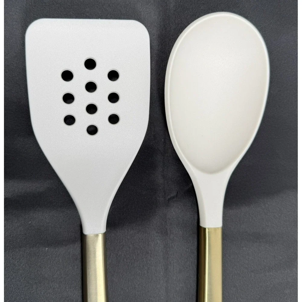 Figmint Kitchen Utensil Set 2pc Cream Gold Silicone Slotted Turner Solid Spoon